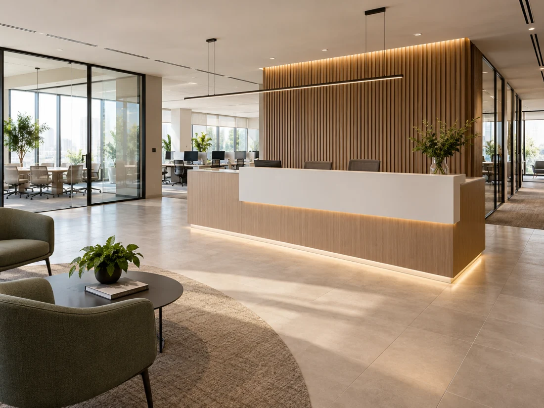 Espace d’accueil professionnel avec mobilier contemporain